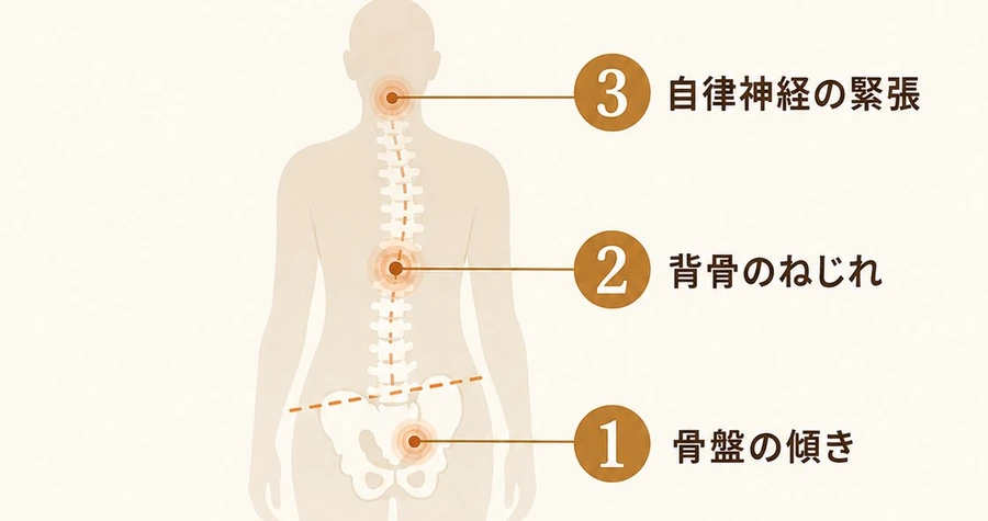 背骨・骨盤・自律神経の3か所を示した図。1が骨盤の傾き、2が背骨のねじれ、3が自律神経の緊張