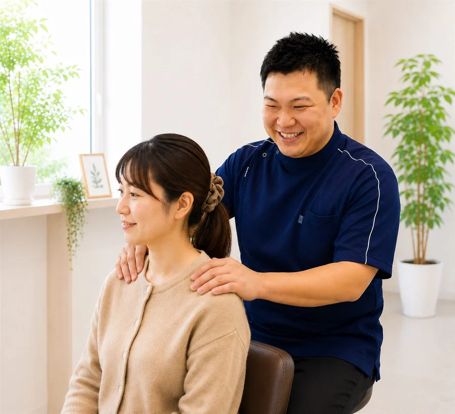 院長が座った状態の女性の肩に両手を添えて状態を確かめている様子