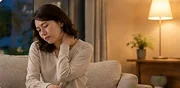 夜のリビングでうつむき、肩の重さをやり過ごしている女性